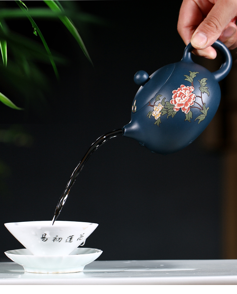 純手工紫砂壺，小巧琺瑯印花紫砂壺